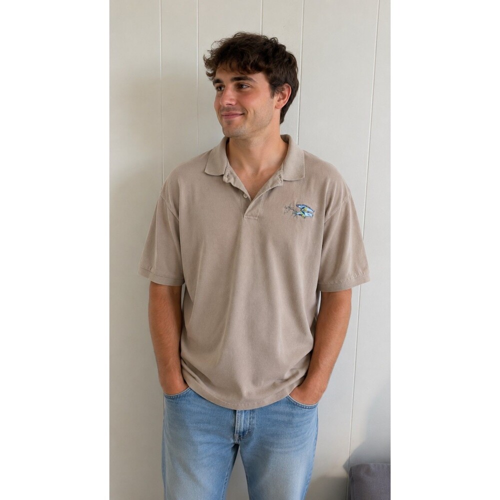VTG Guy Harvey Limited Fishing  Polo Shirt Tan Pre Shrunk Cotton Large